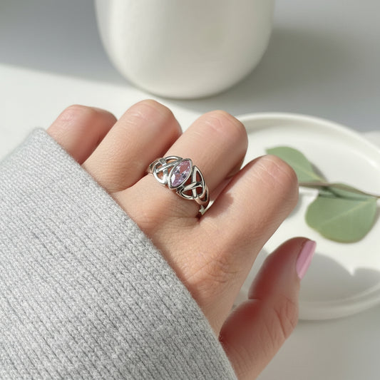 Pink Celtic Trinity Knot Ring in Sterling Silver