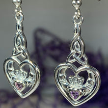 Load image into Gallery viewer, Traditional Irish Claddagh earrings symbolizing love, loyalty and friendship. Sterling silver Irish jewelry Celtic Crystal Designs