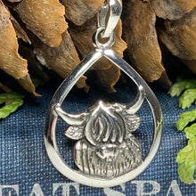 Load image into Gallery viewer, Highland Cow Necklace, Scotland Jewelry, Thistle Jewelry, Celtic Jewelry, Scotland Cow, Hairy Coo Gift, Animal Lover, Cow Jewelry, Mom Gift