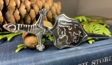 Load image into Gallery viewer, Lion Sword Kilt Pin, Celtic Jewelry, Scotland Jewelry, Groom Gift, Bagpiper Gift, Dad Gift, Gift for Him, Fireman Gift, Police Gift