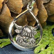 Load image into Gallery viewer, Highland Cow Necklace, Scotland Jewelry, Thistle Jewelry, Celtic Jewelry, Scotland Cow, Hairy Coo Gift, Animal Lover, Cow Jewelry, Mom Gift