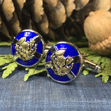 Load image into Gallery viewer, Thistle Cuff Links, Scotland Jewelry, Celtic Jewelry, Dad Gift, Bagpiper Gift, Groom Gift, Best Man Gift, Boyfriend Gift, Saltire Jewelry