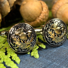 Load image into Gallery viewer, Thistle Cuff Links, Scotland Jewelry, Celtic Jewelry, Dad Gift, Bagpiper Gift, Groom Gift, Best Man Gift, Boyfriend Gift, Husband Gift