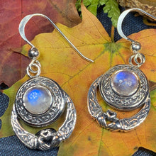 Load image into Gallery viewer, Claddagh Earrings, Celtic Jewelry, Irish Jewelry, Ireland Gift, Moonstone Jewelry, Mom Gift, Irish Dance Gift, Anniversary Gift, Wife Gift