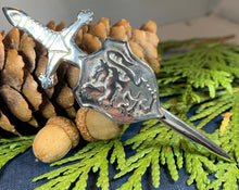 Load image into Gallery viewer, Lion Sword Kilt Pin, Celtic Jewelry, Scotland Jewelry, Groom Gift, Bagpiper Gift, Dad Gift, Gift for Him, Fireman Gift, Police Gift