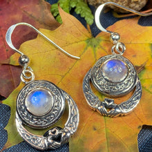 Load image into Gallery viewer, Claddagh Earrings, Celtic Jewelry, Irish Jewelry, Ireland Gift, Moonstone Jewelry, Mom Gift, Irish Dance Gift, Anniversary Gift, Wife Gift