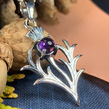 Load image into Gallery viewer, Thistle Necklace, Outlander Jewelry, Scotland Jewelry, Celtic Jewelry, Sister Gift, Mom Gift, Wife Gift, Anniversary Gift, Amethyst Pendant