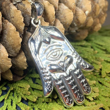 Load image into Gallery viewer, Hamsa Hand Necklace, Celtic Jewelry, Evil Eye Jewelry, Yoga Jewelry, Celtic Knot Jewelry, Protection Jewelry, Hand Jewelry, Yoga Gift