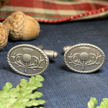 Load image into Gallery viewer, Thistle Cuff Links, Scotland Jewelry, Celtic Jewelry, Dad Gift, Bagpiper Gift, Groom Gift, Best Man Gift, Boyfriend Gift, Husband Gift