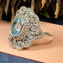 Load image into Gallery viewer, Celtic Queen Ring, Celtic Jewelry, Irish Jewelry, Peridot Ring, Irish Ring, Blue Topaz Ring, Anniversary Gift, Bridal Ring, Wiccan Gift