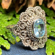 Load image into Gallery viewer, Celtic Queen Ring, Celtic Jewelry, Irish Jewelry, Peridot Ring, Irish Ring, Blue Topaz Ring, Anniversary Gift, Bridal Ring, Wiccan Gift