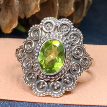 Load image into Gallery viewer, Celtic Queen Ring, Celtic Jewelry, Irish Jewelry, Peridot Ring, Irish Ring, Blue Topaz Ring, Anniversary Gift, Bridal Ring, Wiccan Gift