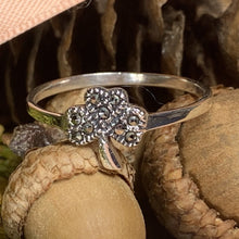 Load image into Gallery viewer, Shamrock Ring, Celtic Jewelry, Irish Jewelry, Clover Jewelry, Ireland Gift, Irish Dance Gift, Anniversary Gift, Marcasite Jewelry, Good Luck