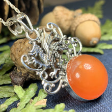 Load image into Gallery viewer, Dragon Necklace, Celtic Jewelry, Wales Jewelry, Honey Onyx Necklace, Wiccan Jewelry, Crescent Moon Pendant, Pagan Jewelry, Gothic Jewelry