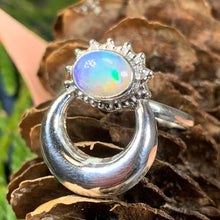 Load image into Gallery viewer, Crescent Moon Ring, Celtic Jewelry, Celestial Jewelry, Goddess Jewelry, Moon Ring, Wiccan Jewelry, Anniversary Gift, Opal Jewelry, Wife Gift