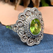 Load image into Gallery viewer, Celtic Queen Ring, Celtic Jewelry, Irish Jewelry, Peridot Ring, Irish Ring, Blue Topaz Ring, Anniversary Gift, Bridal Ring, Wiccan Gift