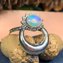 Load image into Gallery viewer, Crescent Moon Ring, Celtic Jewelry, Celestial Jewelry, Goddess Jewelry, Moon Ring, Wiccan Jewelry, Anniversary Gift, Opal Jewelry, Wife Gift