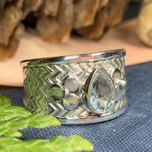 Load image into Gallery viewer, Celtic Flower Ring, Celtic Jewelry, Irish Jewelry, Blue Topaz Ring, Irish Ring, Irish Dance Gift, Anniversary Gift, Bridal Ring, Wiccan Gift