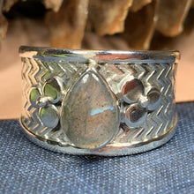 Load image into Gallery viewer, Celtic Flower Ring, Celtic Jewelry, Irish Jewelry, Blue Topaz Ring, Irish Ring, Irish Dance Gift, Anniversary Gift, Bridal Ring, Wiccan Gift
