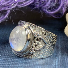 Load image into Gallery viewer, Celtic Heart Ring, Moonstone Jewelry, Moonstone Ring, Heart Jewelry, Celtic Jewelry, Anniversary Gift, Wiccan Jewelry, Wife Gift
