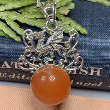Load image into Gallery viewer, Dragon Necklace, Celtic Jewelry, Wales Jewelry, Honey Onyx Necklace, Wiccan Jewelry, Crescent Moon Pendant, Pagan Jewelry, Gothic Jewelry
