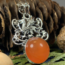Load image into Gallery viewer, Dragon Necklace, Celtic Jewelry, Wales Jewelry, Honey Onyx Necklace, Wiccan Jewelry, Crescent Moon Pendant, Pagan Jewelry, Gothic Jewelry