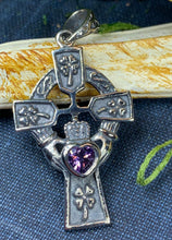 Load image into Gallery viewer, Claddagh Cross Necklace, Irish Cross, Celtic Cross Jewelry, First Communion Gift, Shamrock Jewelry, Celtic Cross Necklace, Religious Jewelry