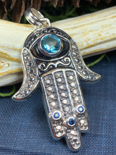 Load image into Gallery viewer, Hamsa Hand Necklace, Celtic Jewelry, Evil Eye Jewelry, Yoga Jewelry, Iolite Jewelry, Protection Jewelry, Hand Jewelry, Yoga Gift
