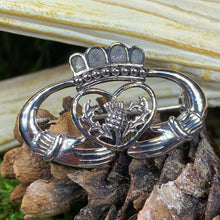 Load image into Gallery viewer, Claddagh Thistle Brooch, Celtic Pin, Irish Jewelry, Scotland Pin, Bridal Jewelry, Ireland Gift, Celtic Brooch, Claddagh Jewelry, Mom Gift