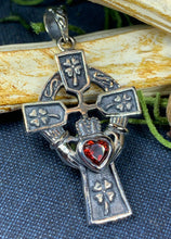 Load image into Gallery viewer, Claddagh Cross Necklace, Irish Cross, Celtic Cross Jewelry, First Communion Gift, Shamrock Jewelry, Celtic Cross Necklace, Religious Jewelry