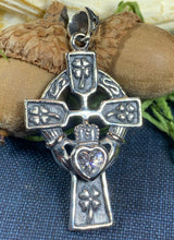 Load image into Gallery viewer, Claddagh Cross Necklace, Irish Cross, Celtic Cross Jewelry, First Communion Gift, Shamrock Jewelry, Celtic Cross Necklace, Religious Jewelry