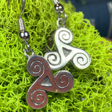 Load image into Gallery viewer, Triple Spiral Earrings, Celtic Jewelry, Ireland Jewelry, Irish Jewelry, Triskele Jewelry, Mom Gift, Girlfriend Gift, Ireland Gift, Newgrange
