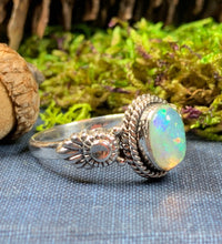 Load image into Gallery viewer, Highland Dawn Ring, Celtic Jewelry, Opal Ring, Gemstone Jewelry, Scotland Ring, Wiccan Jewelry, Anniversary Gift, Moonstone Jewelry