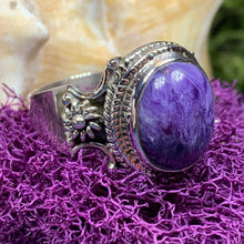 Load image into Gallery viewer, Purple Romance Ring, Celtic Jewelry, Charoite Jewelry, Goddess Jewelry, Boho Ring, Wiccan Jewelry, Anniversary Gift, Mom Gift, Wife Gift