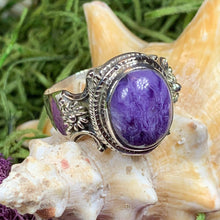 Load image into Gallery viewer, Purple Romance Ring, Celtic Jewelry, Charoite Jewelry, Goddess Jewelry, Boho Ring, Wiccan Jewelry, Anniversary Gift, Mom Gift, Wife Gift