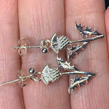 Load image into Gallery viewer, Thistle Earrings, Celtic Jewelry, Scotland Jewelry, Outlander Jewelry, Nature Jewelry, Thistle Jewelry, Amethyst Jewelry, Wife Gift