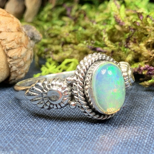 Highland Dawn Ring, Celtic Jewelry, Opal Ring, Gemstone Jewelry, Scotland Ring, Wiccan Jewelry, Anniversary Gift, Moonstone Jewelry