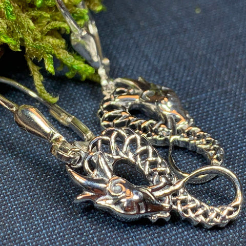 Load image into Gallery viewer, Celtic Dragon Earrings, Silver Celtic Jewelry, Scottish Jewelry, Scotland Earrings, Celtic Knot Jewelry, Norse Jewelry, Viking Jewelry