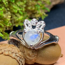 Load image into Gallery viewer, Claddagh Ring, Celtic Jewelry, Irish Jewelry, Celtic Knot Jewelry, Irish Ring, Irish Dance Gift, Anniversary Gift, Moonstone Engagement Ring