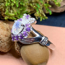 Load image into Gallery viewer, Claddagh Ring, Celtic Jewelry, Irish Jewelry, Celtic Knot Jewelry, Irish Ring, Irish Dance Gift, Anniversary Gift, Moonstone Engagement Ring