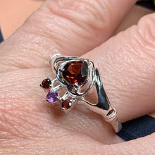 Load image into Gallery viewer, Claddagh Ring, Celtic Jewelry, Irish Jewelry, Celtic Knot Jewelry, Irish Ring, Irish Dance Gift, Anniversary Gift, Bridal Ring, Garnet Ring