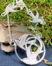 Load image into Gallery viewer, Peace Doves Necklace, Scotland Jewelry, Dove of Peace Jewelry, Long Sterling Silver Necklace, Confirmation Gift, Religious Jewelry, Mom Gift