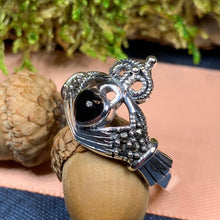 Load image into Gallery viewer, Claddagh Ring, Celtic Jewelry, Irish Jewelry, Celtic Knot Jewelry, Onyx Irish Ring, Irish Dance Gift, Anniversary Gift, Luckenbooth Ring