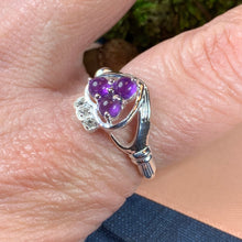 Load image into Gallery viewer, Claddagh Ring, Celtic Jewelry, Irish Jewelry, Celtic Knot Jewelry, Irish Ring, Irish Dance Gift, Anniversary Gift, Bridal Ring, Amethyst