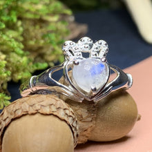 Load image into Gallery viewer, Claddagh Ring, Celtic Jewelry, Irish Jewelry, Celtic Knot Jewelry, Irish Ring, Irish Dance Gift, Anniversary Gift, Moonstone Engagement Ring