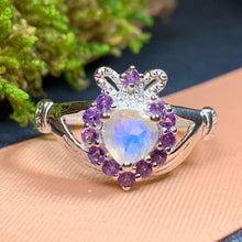 Load image into Gallery viewer, Claddagh Ring, Celtic Jewelry, Irish Jewelry, Celtic Knot Jewelry, Irish Ring, Irish Dance Gift, Anniversary Gift, Moonstone Engagement Ring