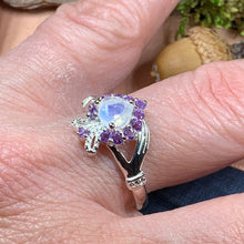 Load image into Gallery viewer, Claddagh Ring, Celtic Jewelry, Irish Jewelry, Celtic Knot Jewelry, Irish Ring, Irish Dance Gift, Anniversary Gift, Moonstone Engagement Ring