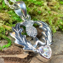 Load image into Gallery viewer, Thistle Necklace, Outlander Jewelry, Scotland Jewelry, Celtic Jewelry, Sister Gift, Mom Gift, Wife Gift, Anniversary Gift, Amethyst Pendant