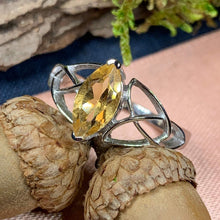 Load image into Gallery viewer, Celtic Knot Ring, Celtic Ring, Promise Ring, Irish Ring, Citrine Ring, Irish Dance Gift, Anniversary Gift, Silver Boho Ring, Scottish Ring