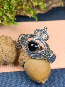 Claddagh Ring, Celtic Jewelry, Irish Jewelry, Celtic Knot Jewelry, Onyx Irish Ring, Irish Dance Gift, Anniversary Gift, Luckenbooth Ring